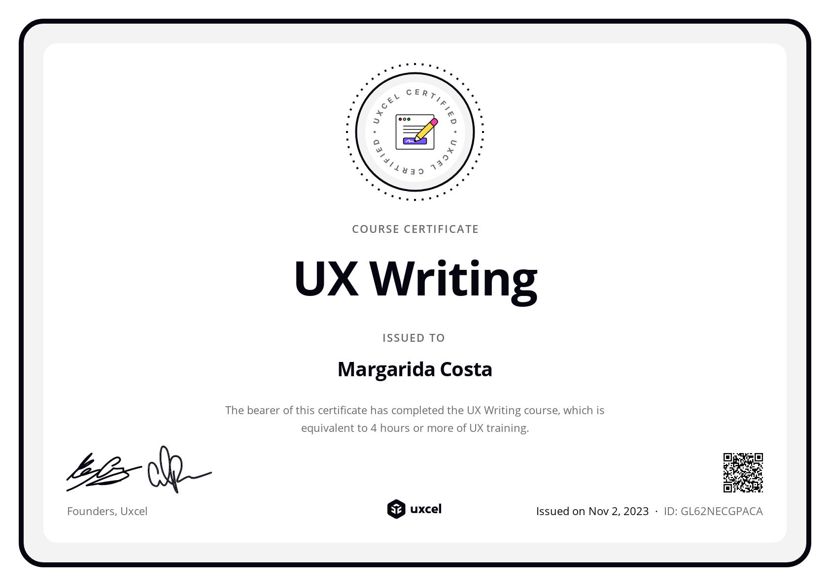 Margarida Costa's certificate